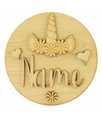 Laser Cut Oak Veneer Circle Plaque Personalised Name With Unicorn Shapes